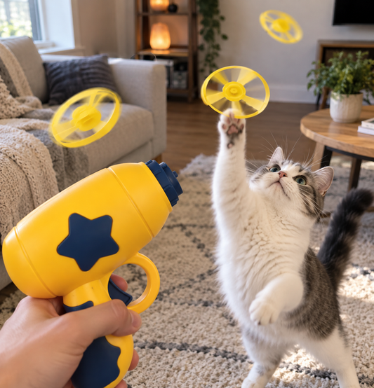 Cat playing with the Zoomies Disc Fling Fun Launcher in a living room