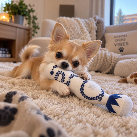 Chihuahua playing with the Zoomies Tequila Plush Dog Toy